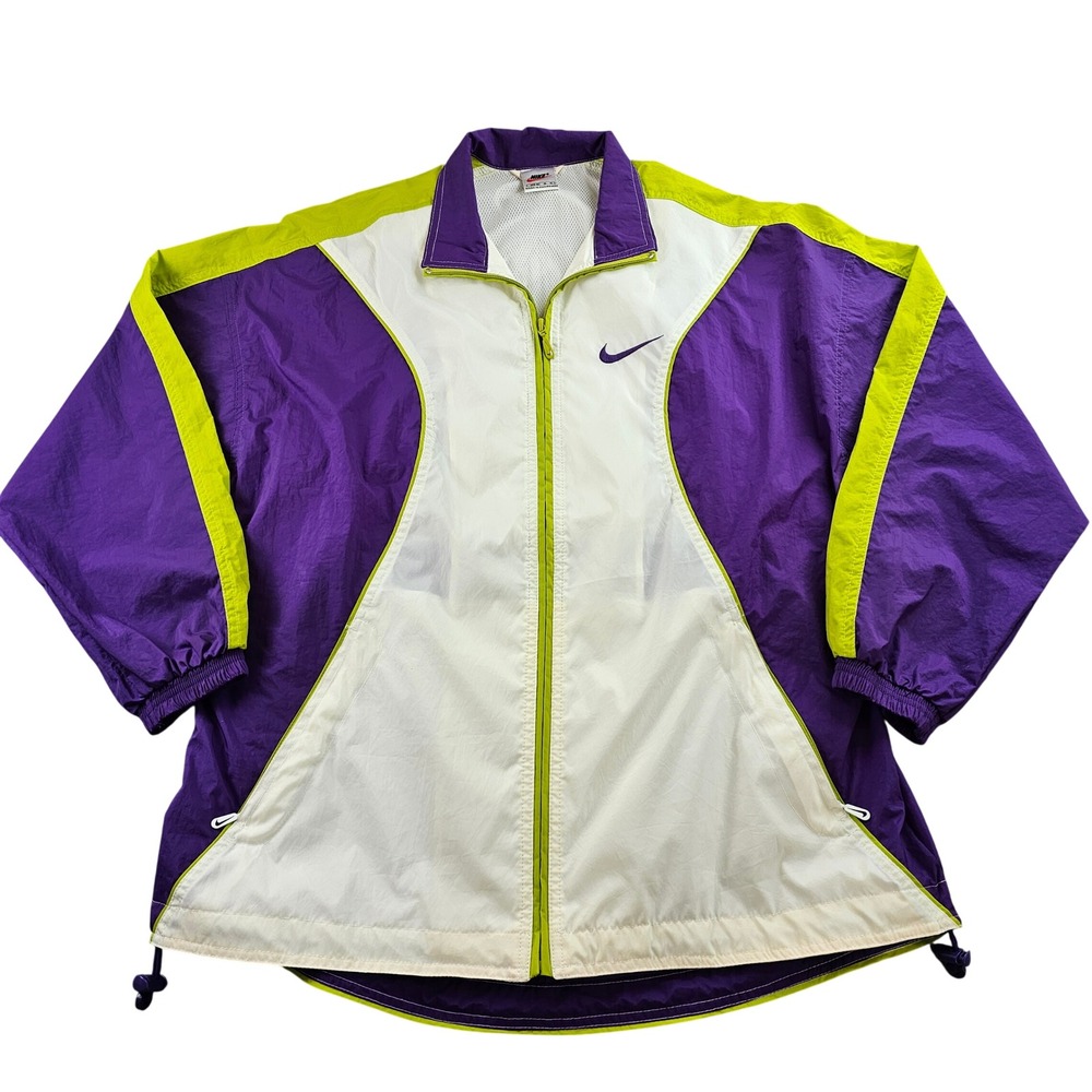 Vtg 90s Nike‎ Windbreaker Jacket Womens M White Purple Colorblock Classic Zip-Up